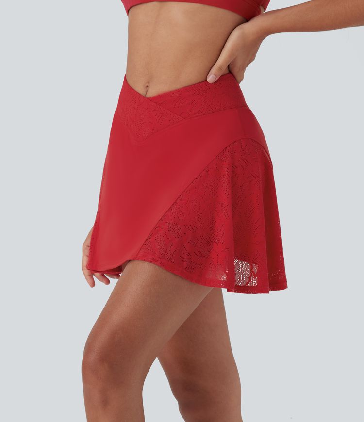 SoftlyZero™ Airy Crossover High Waisted Contrast Lace 2-in-1 Cool Touch Mini Yoga Skirt with Pocket-UPF50+