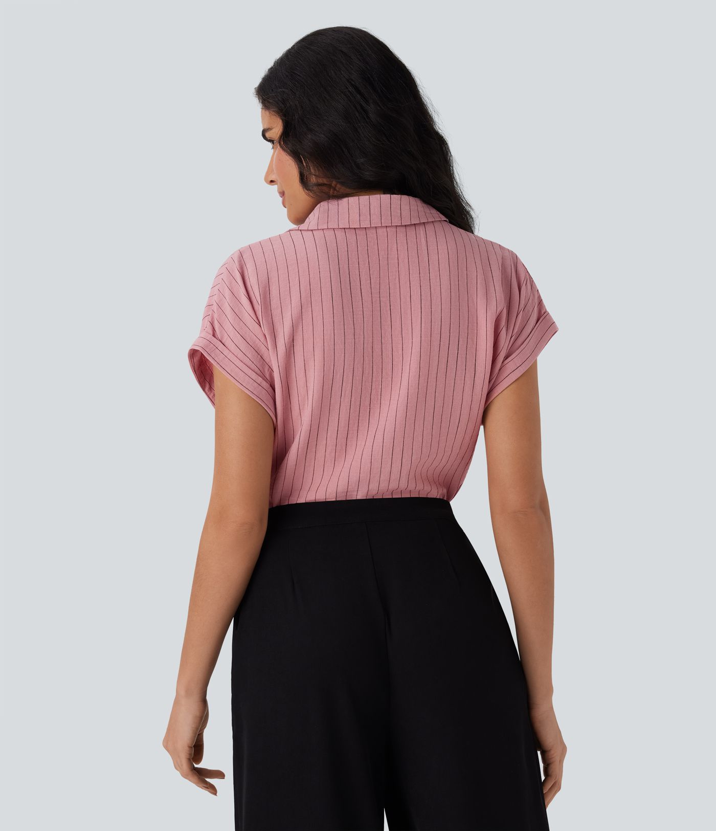 Short Sleeve Stripe Work Linen-Feel Shirt