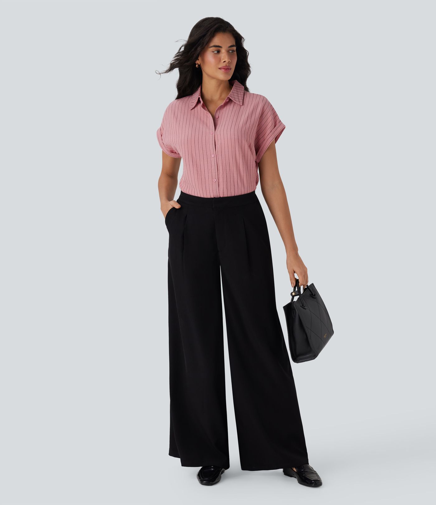 Short Sleeve Stripe Work Linen-Feel Shirt