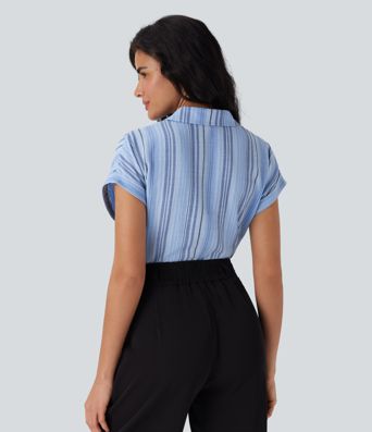 Chemise à col, manches courtes, rayures, boutonnage et aspect lin pour le travail