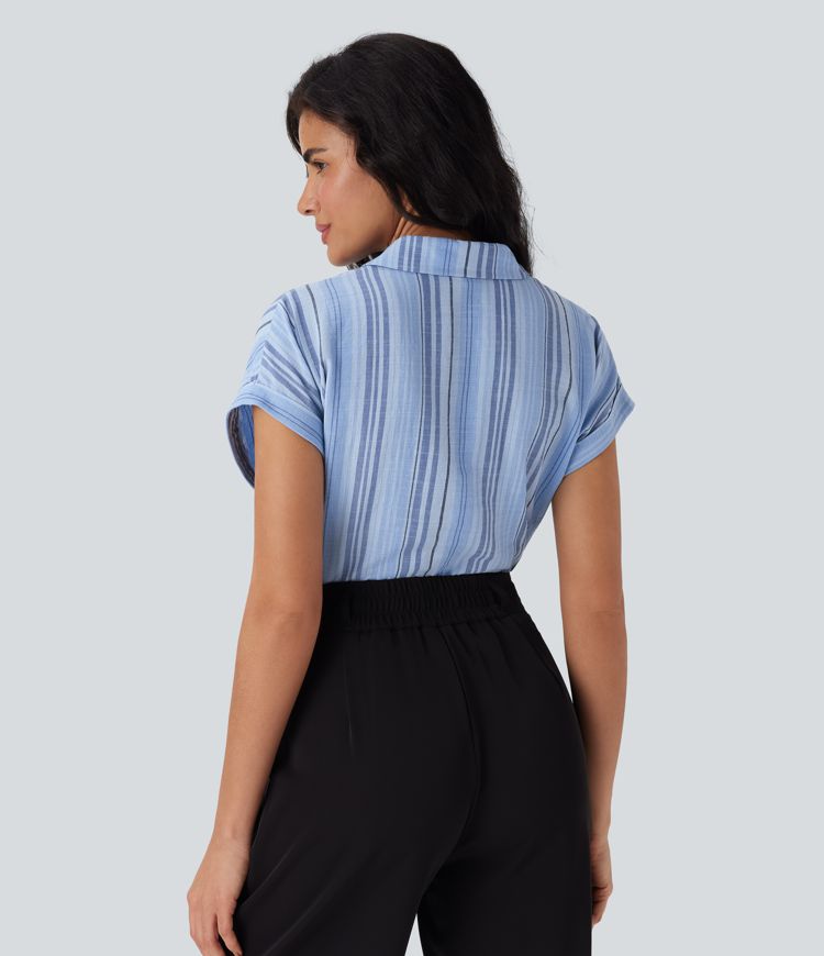 Chemise à col, manches courtes, rayures, boutonnage et aspect lin pour le travail