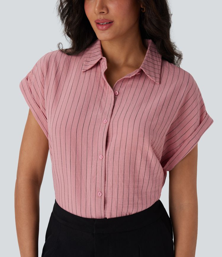 Collared Short Sleeve Button Stripe Work Linen-Feel Shirt