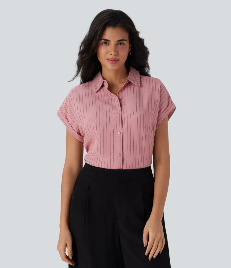 Camisa de lino de oficina a rayas de manga corta con cuello y botones
