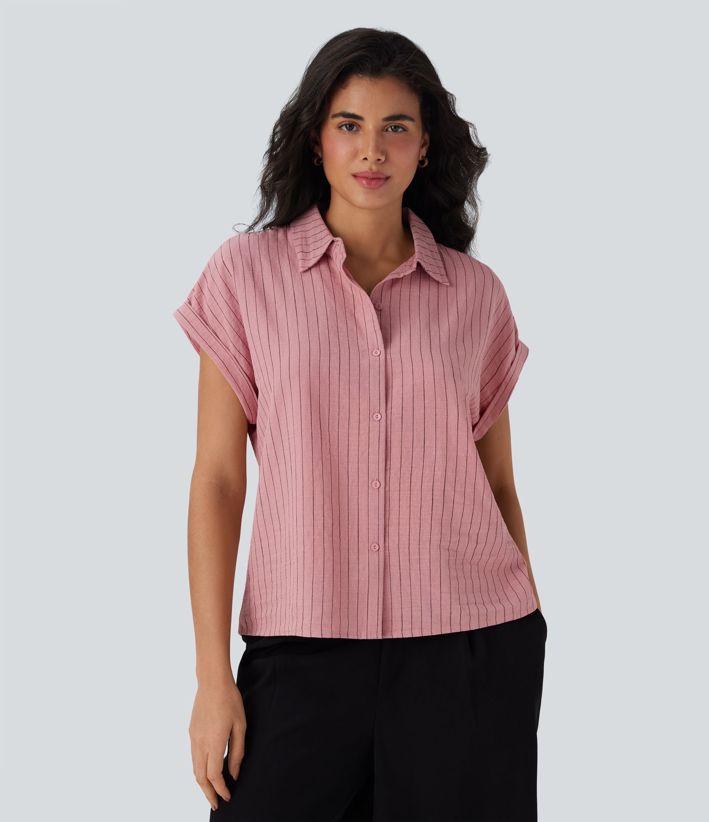 Short Sleeve Stripe Work Linen-Feel Shirt