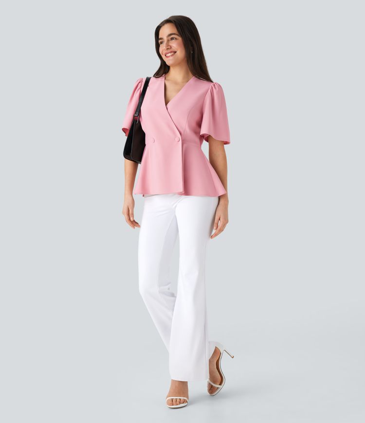 V Neck Short Sleeve Ruffle Hem Work Top