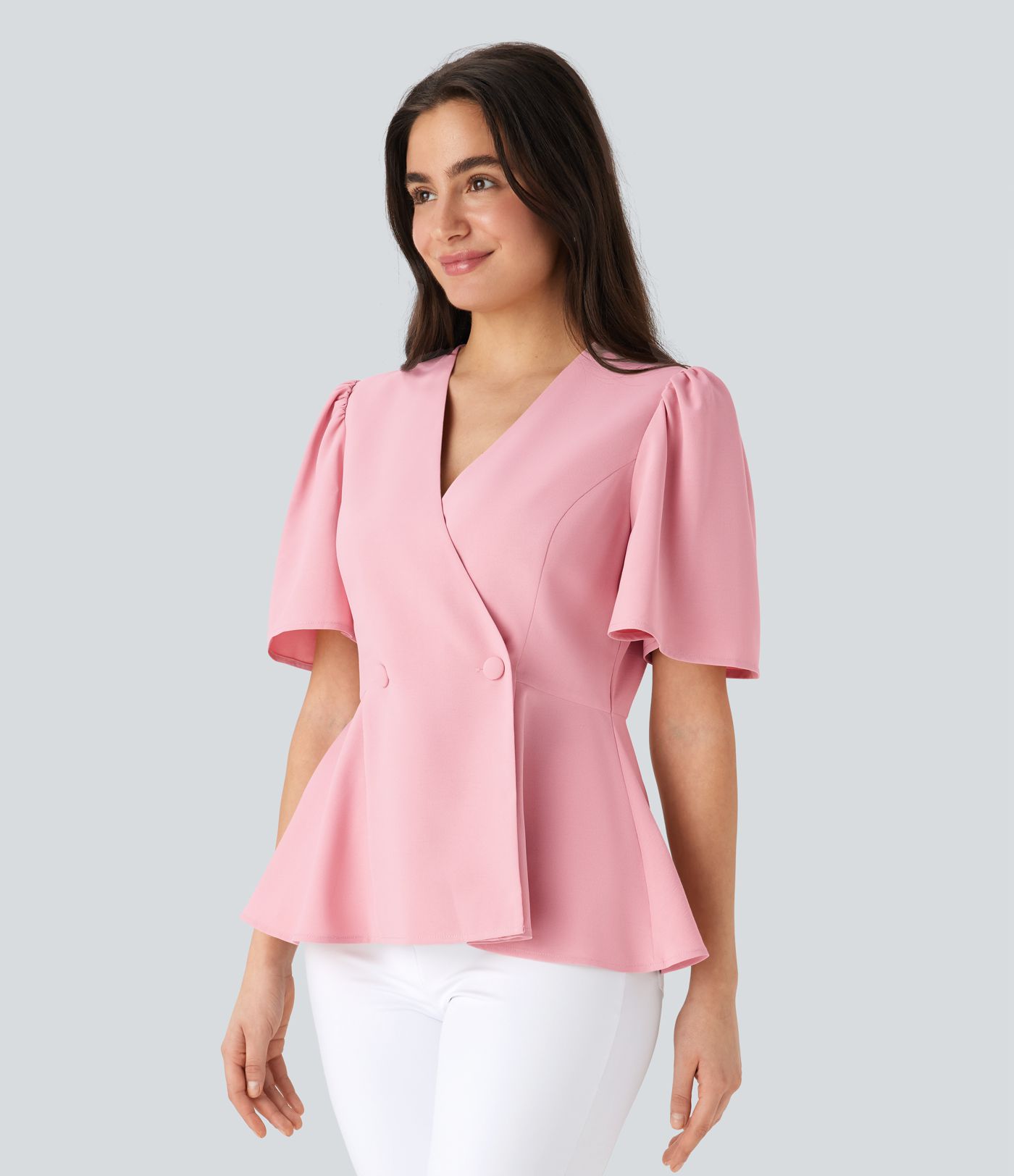 V Neck Short Sleeve Ruffle Hem Work Top