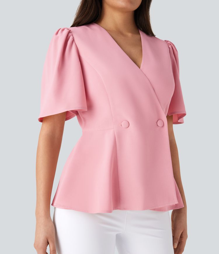 V Neck Short Sleeve Ruffle Hem Work Top