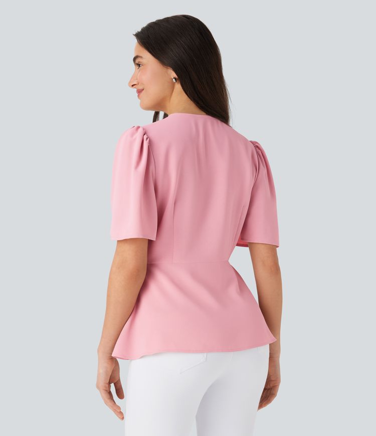 V Neck Short Sleeve Ruffle Hem Work Top