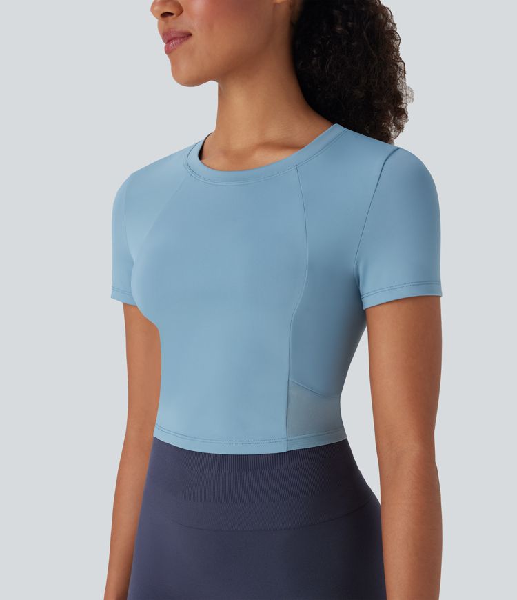 Round Neck Short Sleeve Contrast Mesh Cropped Yoga Sports Top