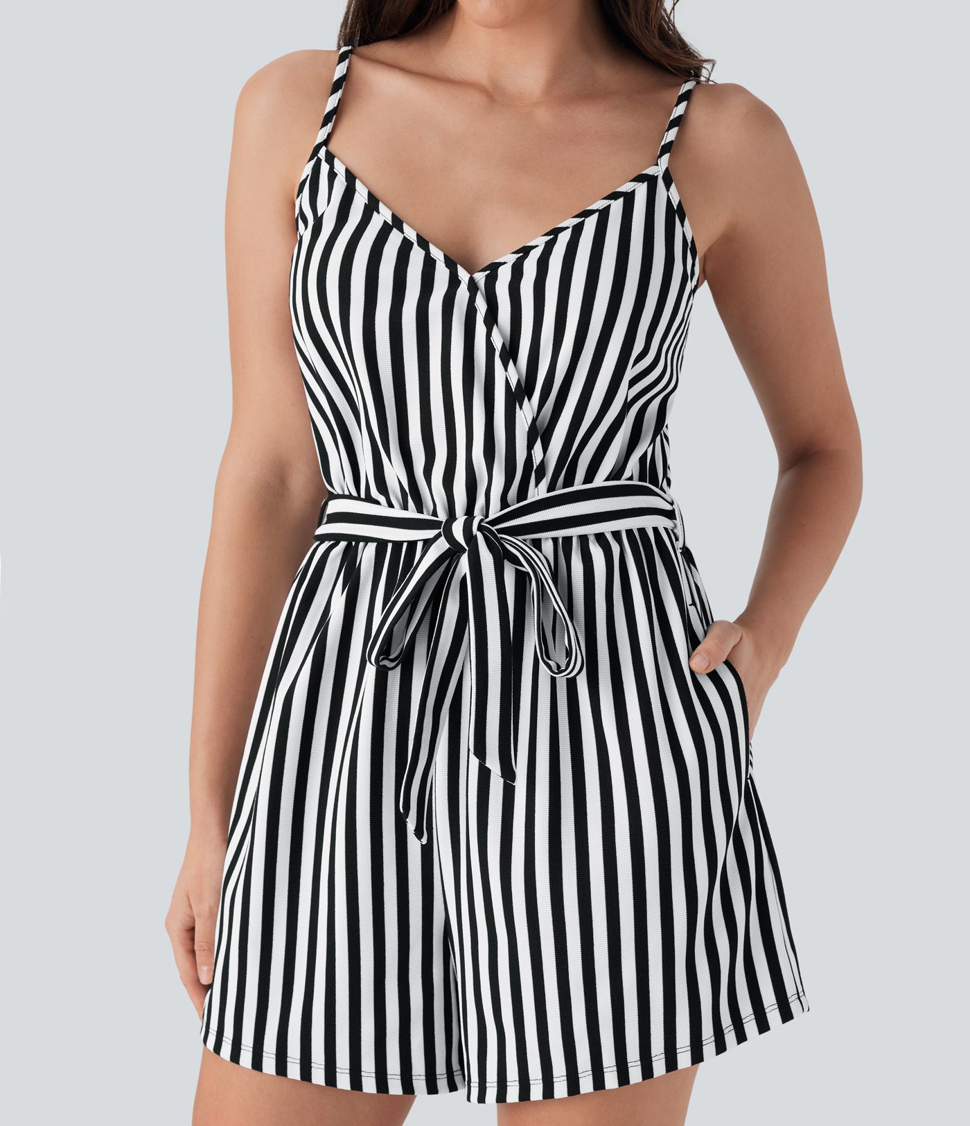 V-neck Snap Belted Stripe Waffle Jumpsuit with Pockets