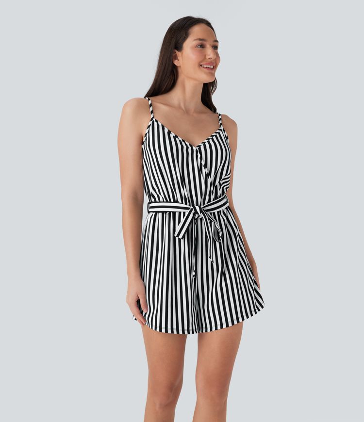 V-neck Snap Belted Stripe Waffle Jumpsuit with Pockets