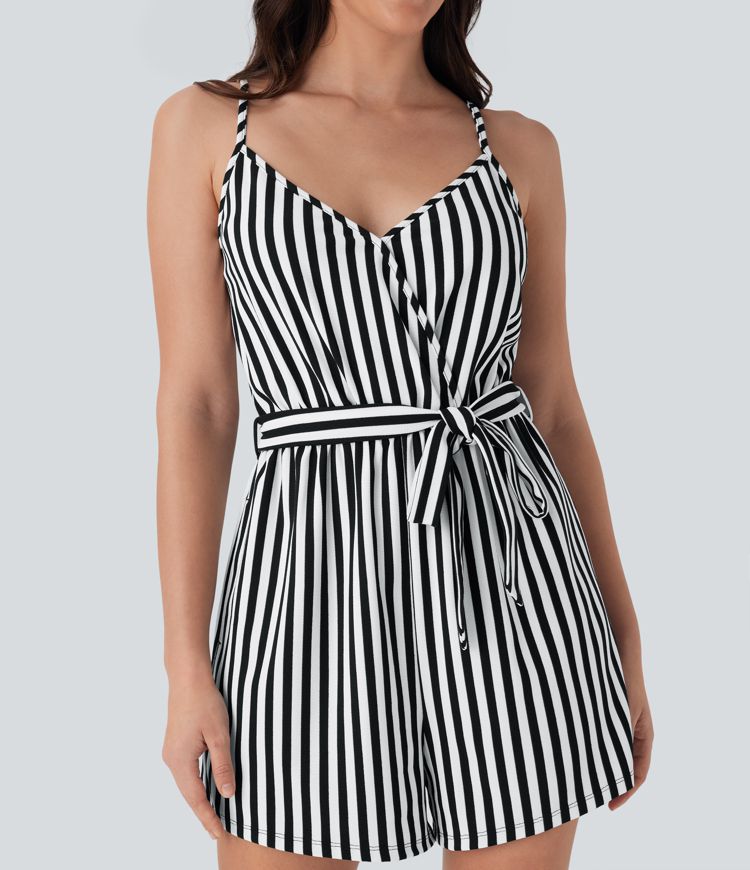 V-neck Snap Belted Stripe Waffle Jumpsuit with Pockets