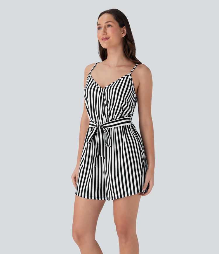 V-neck Snap Belted Stripe Waffle Jumpsuit with Pockets