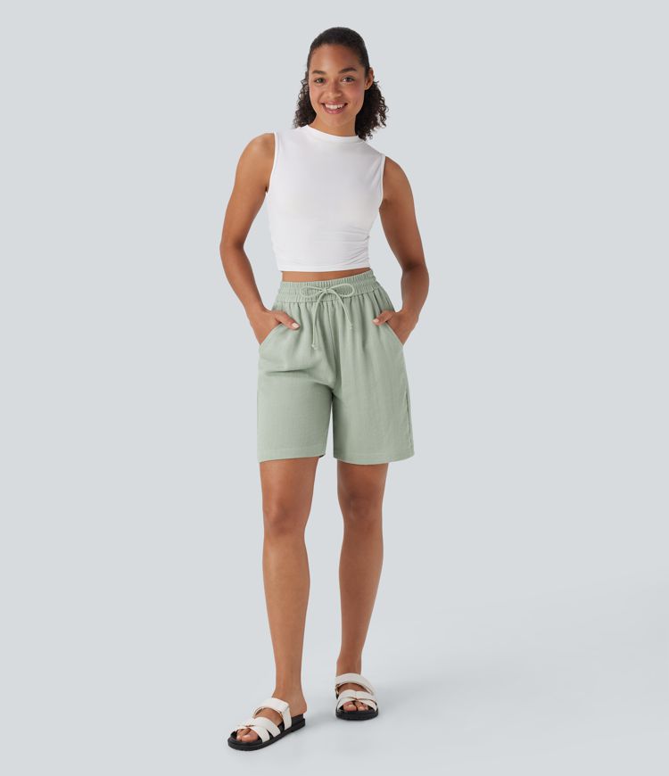 High Waisted Drawstring Casual Linen-Feel Shorts with Side Pockets