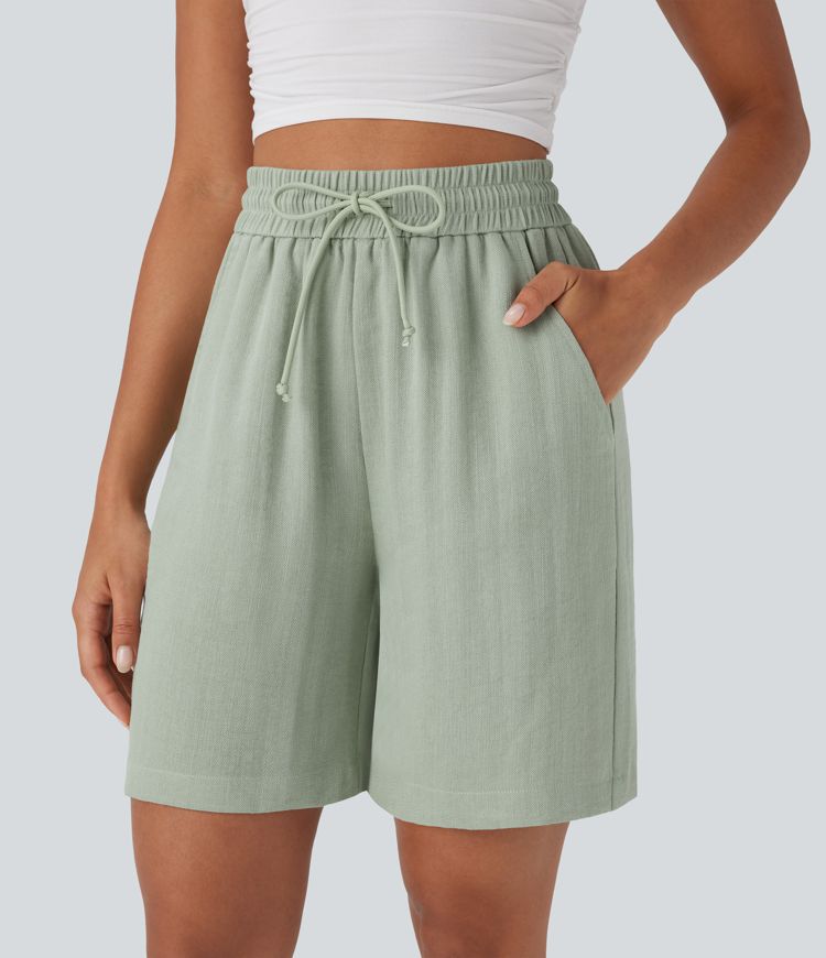 High Waisted Drawstring Casual Linen-Feel Shorts with Side Pockets