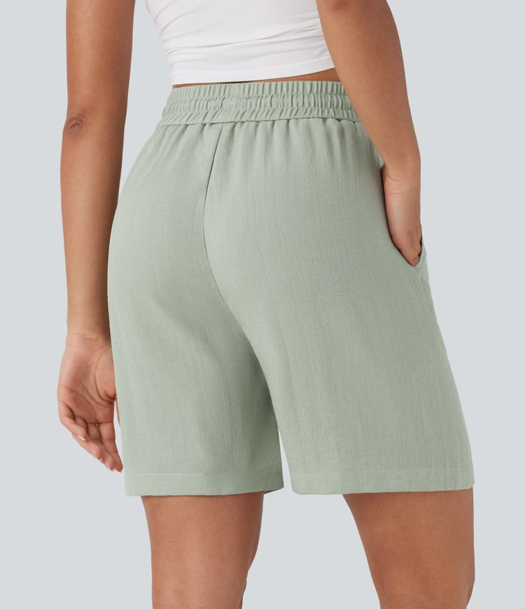 High Waisted Drawstring Casual Linen-Feel Shorts with Side Pockets