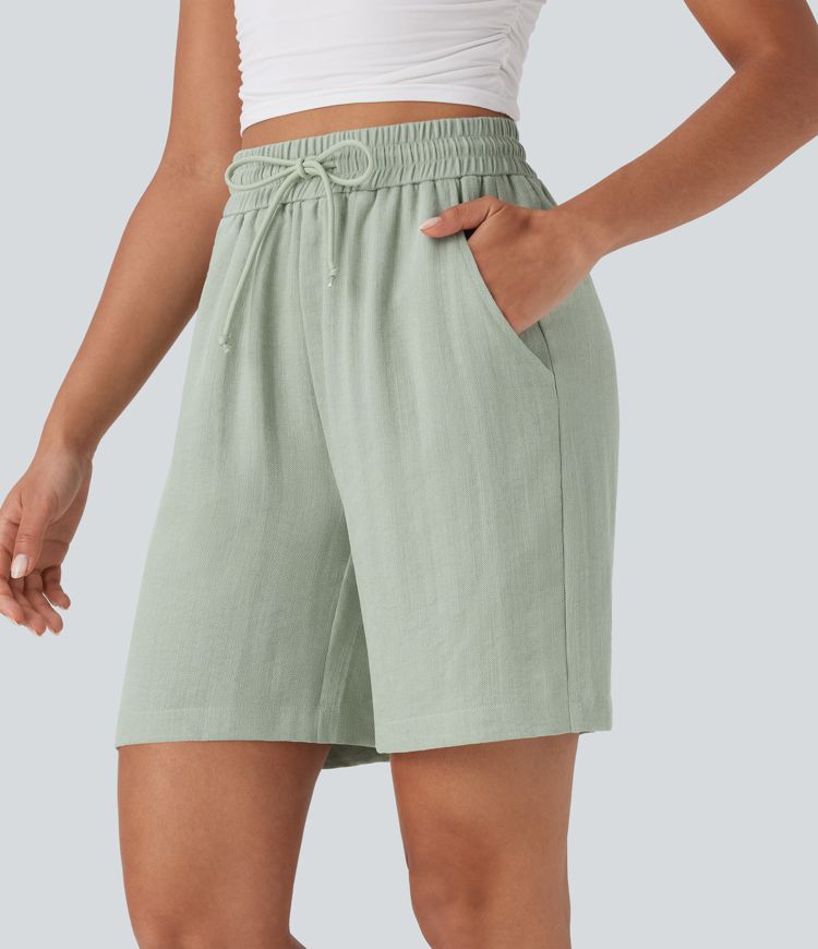 High Waisted Drawstring Casual Linen-Feel Shorts with Side Pockets