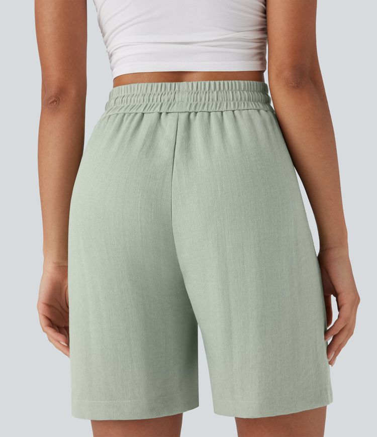 High Waisted Drawstring Casual Linen-Feel Shorts with Side Pockets