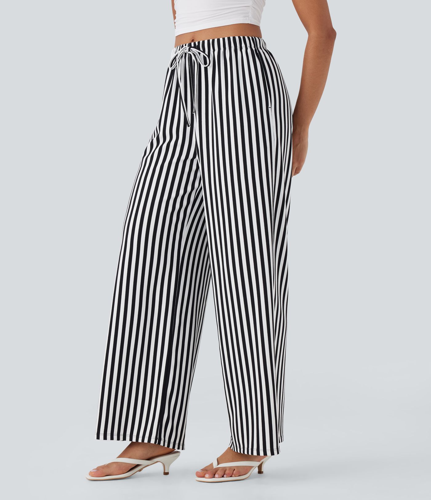High Waisted Drawstring Stripe Waffle Wide Leg Pants with Pockets