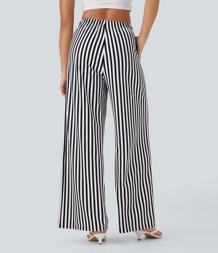 High Waisted Drawstring Stripe Waffle Wide Leg Pants with Pockets
