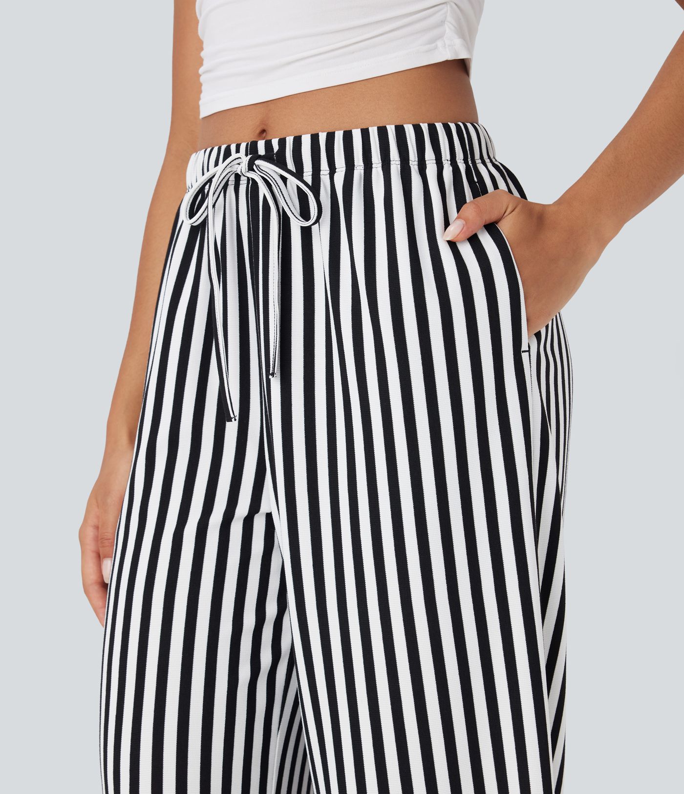 High Waisted Drawstring Stripe Waffle Wide Leg Pants with Pockets