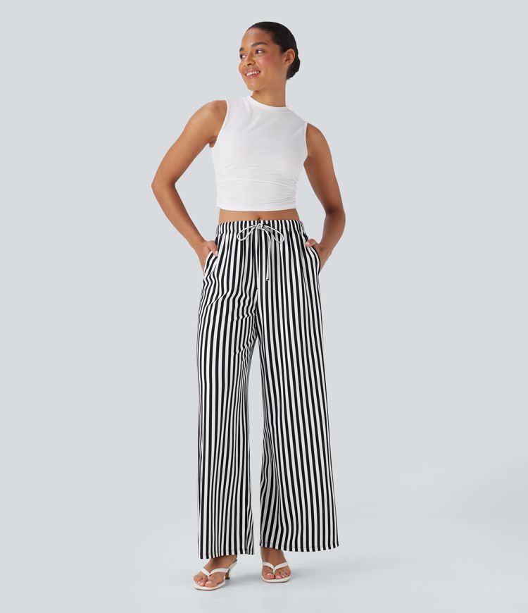 Women's High Waisted Drawstring Stripe Waffle Wide Leg Pants with