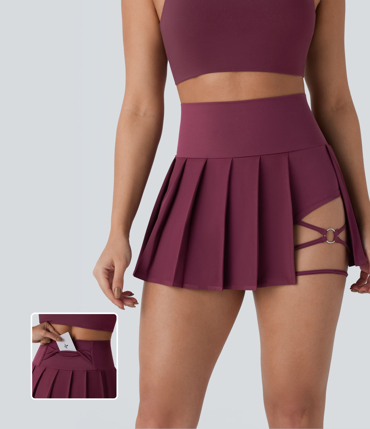 Breezeful™ Hoch taillierter, plissierter 2-in-1-Mini-Tanzrock mit Seiten- und Gesäßtasche, asymmetrischem Saum und schnelltrocknendem Schnitt