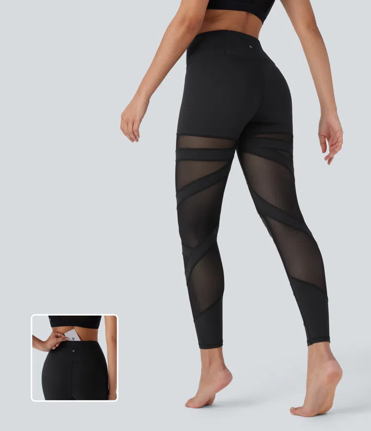 High Waisted Contrast Mesh 7/8 Yoga Leggings with Pocket