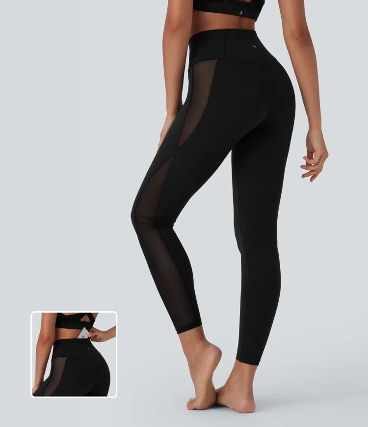 SoftlyZero™ Crossover High Waisted Contrast Mesh Yoga Leggings with Pocket-UPF50+