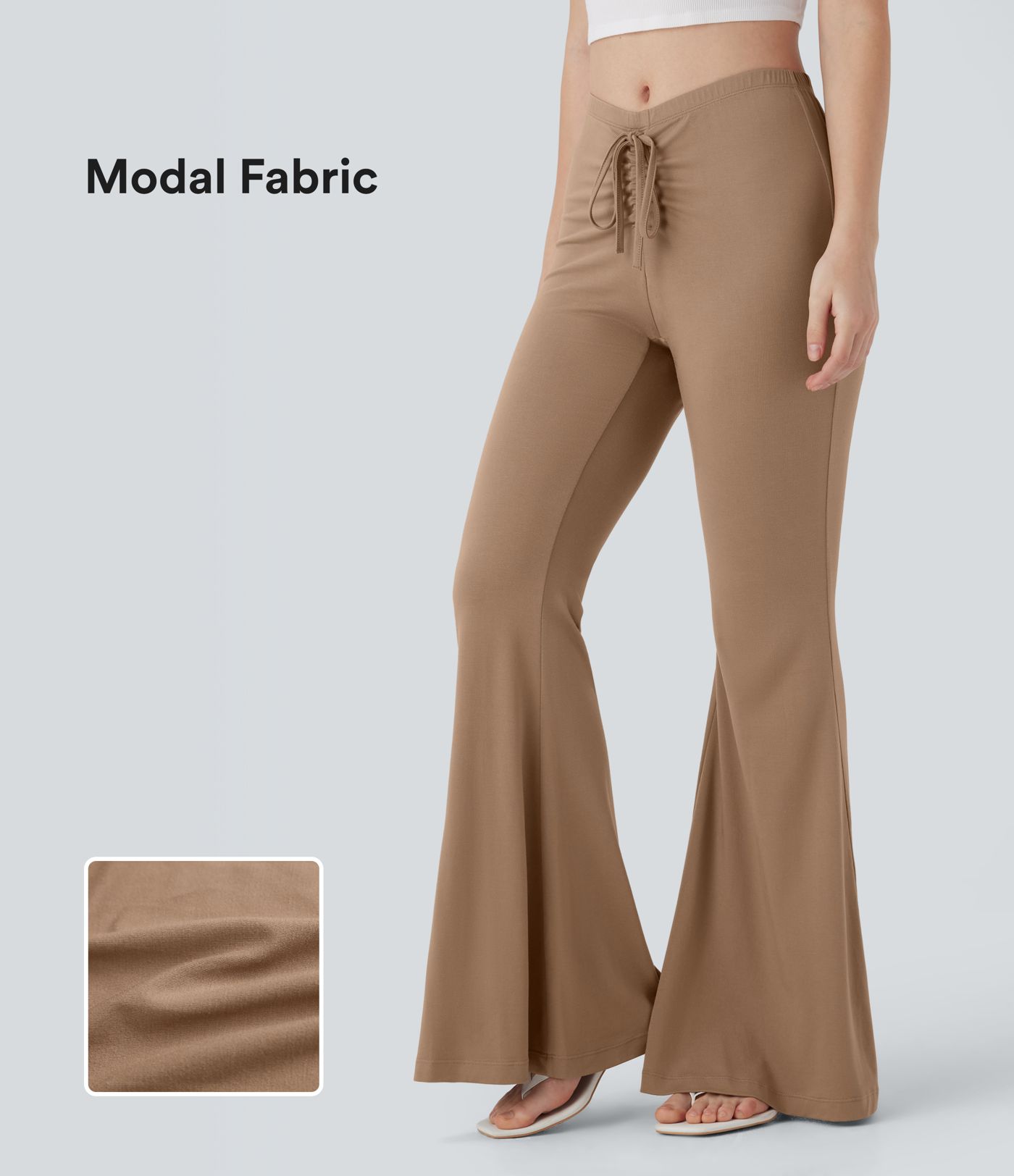 V Shaped Mid Rise Drawstring Flowy Casual Flare Pants