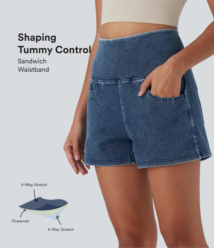 Shorts Halara Flex™ Denim mezclilla moldeadores elástica de tiro alto y reductor de abdomen con bolsillos