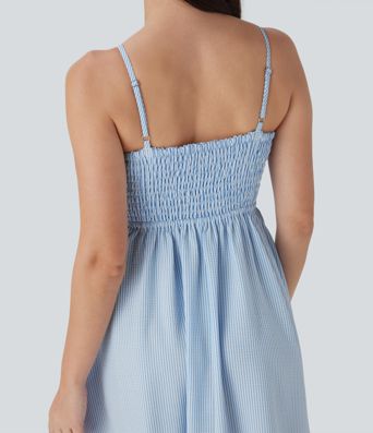 Shirred Stripe Midi Slip Dress with Pockets