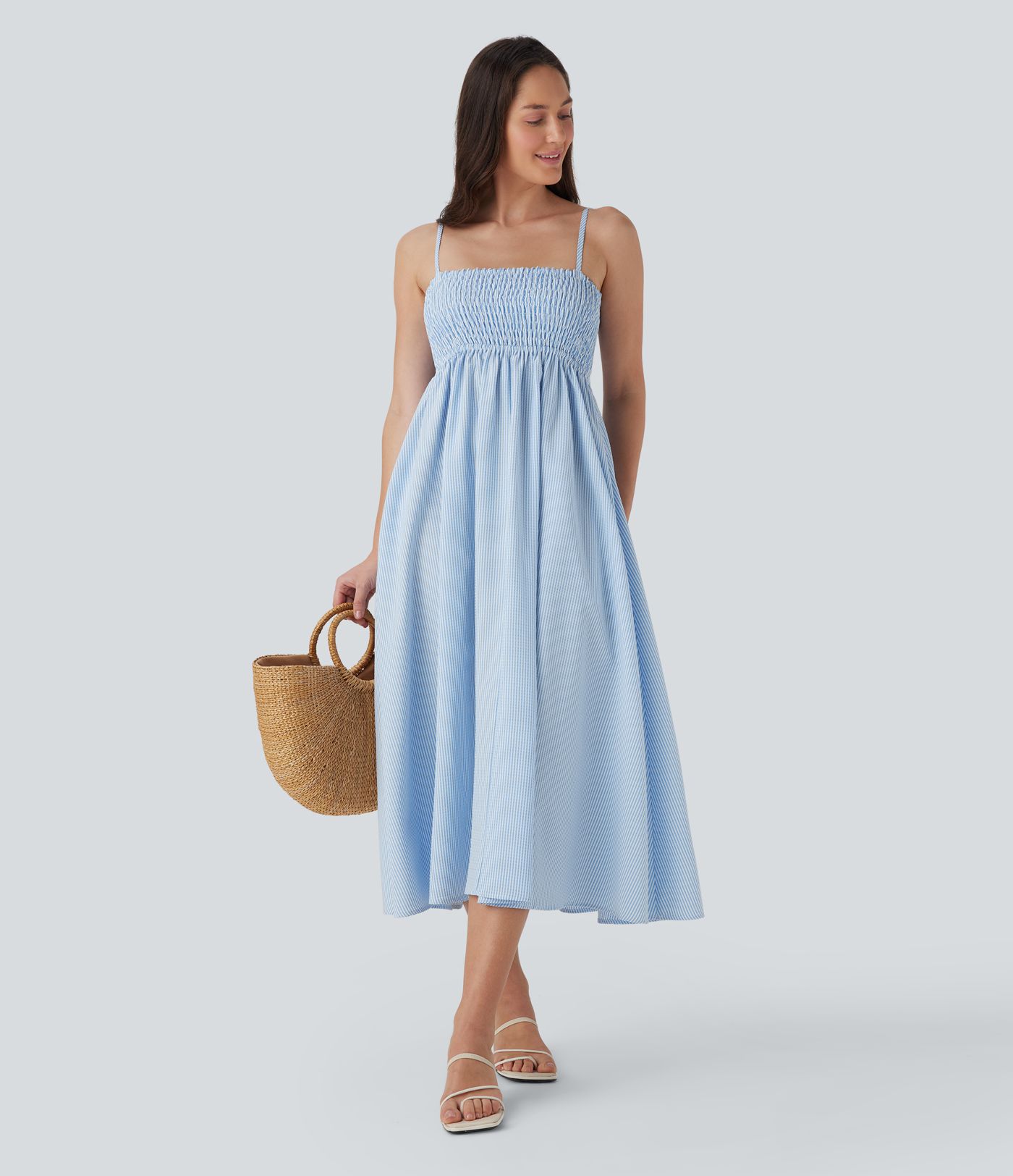 Shirred Stripe Midi Slip Dress with Pockets