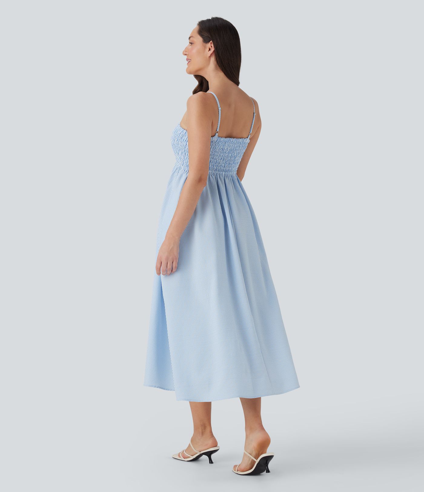 Shirred Stripe Midi Slip Dress with Pockets