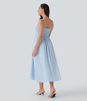 Shirred Stripe Midi Slip Dress with Pockets