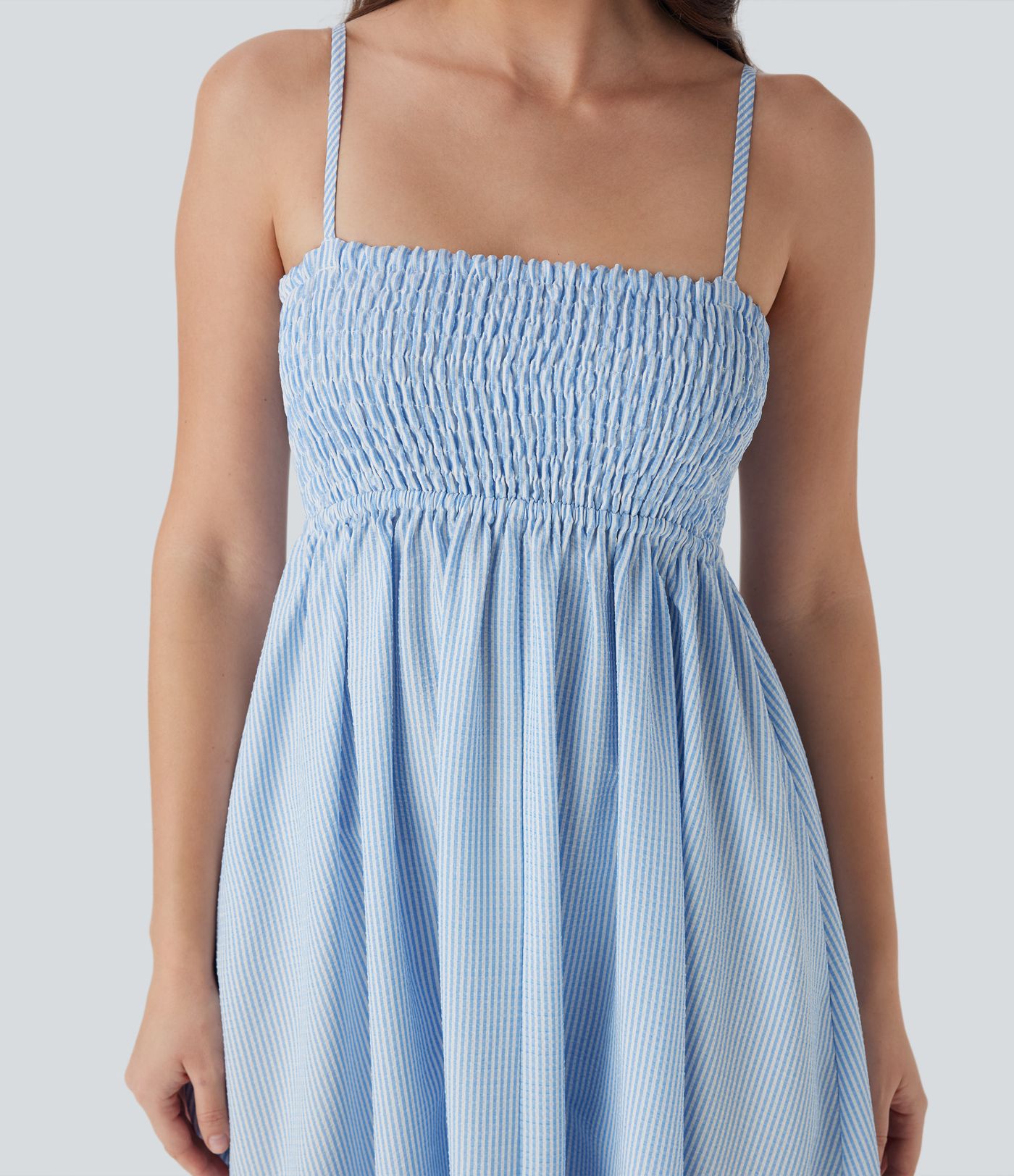 Shirred Stripe Midi Slip Dress with Pockets