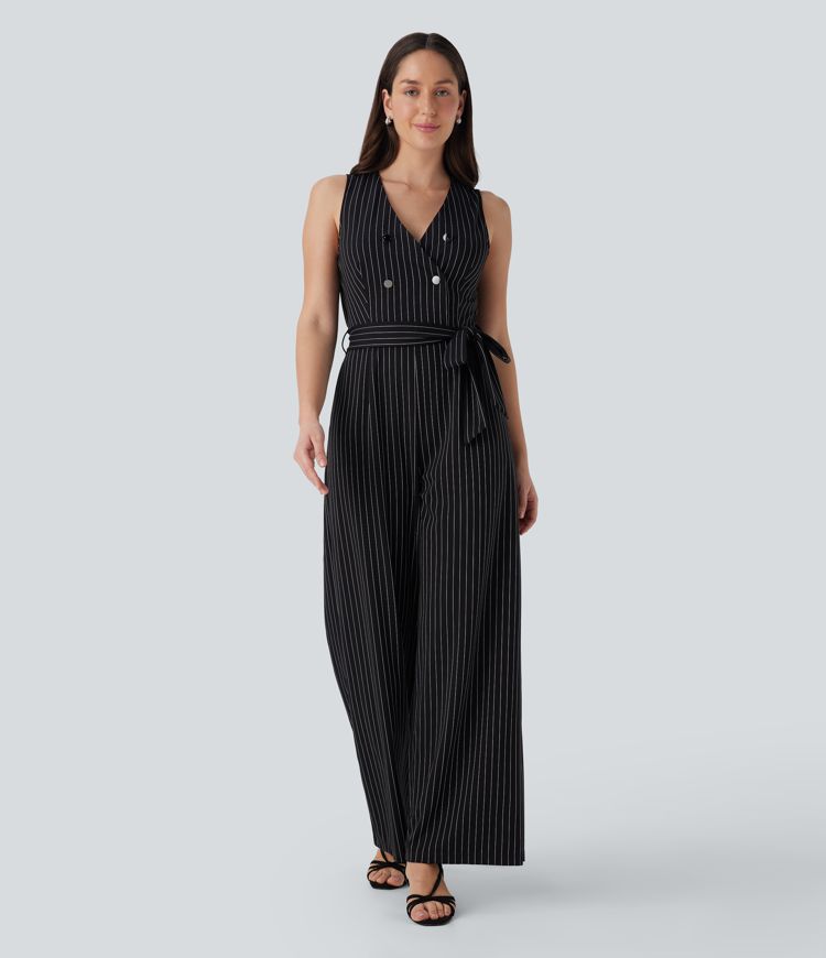 V Neck Button Sleeveless Belted Invisible Zipper Stripe Cool Touch Work Jumpsuit with Pockets-Easy Peezy