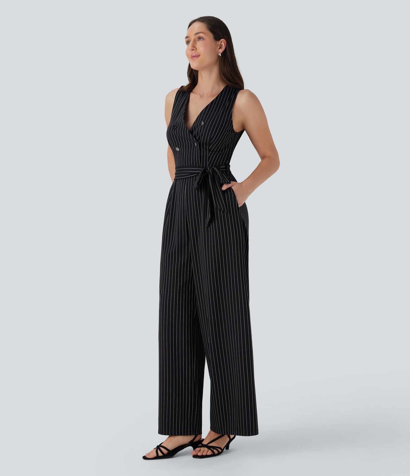V Neck Sleeveless Belted Stripe Cool Touch Work Jumpsuit with Pockets-Easy Peezy