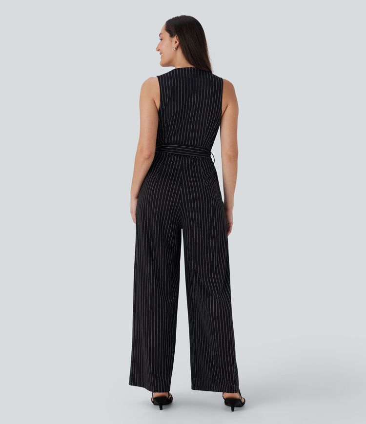 V Neck Button Sleeveless Belted Invisible Zipper Stripe Cool Touch Work Jumpsuit with Pockets-Easy Peezy