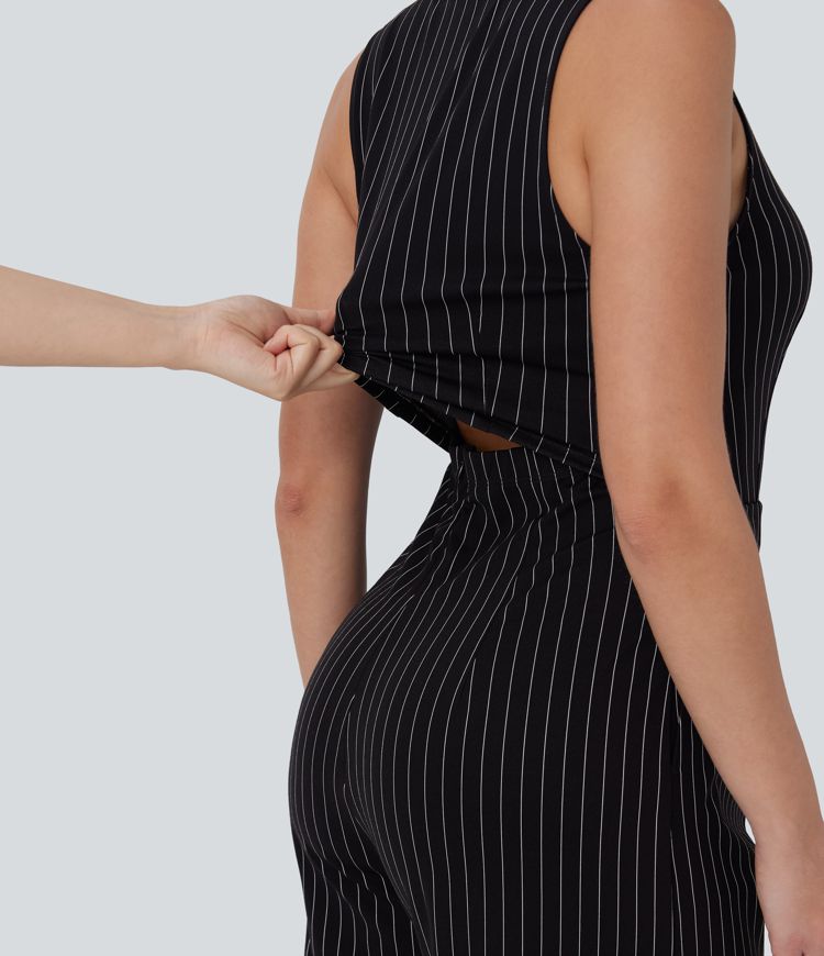 Mono de oficina a rayas sin mangas con cuello en V, botones, cinturón, cremallera invisible de tacto fresco con bolsillos - Easy Peezy