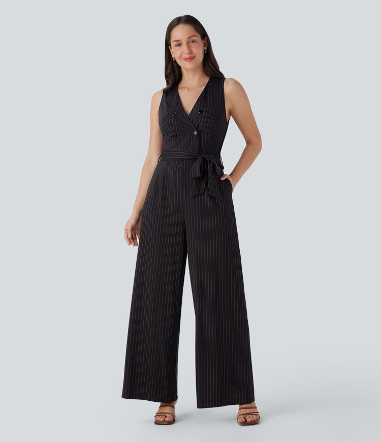 V Neck Sleeveless Belted Stripe Cool Touch Work Jumpsuit with Pockets-Easy Peezy