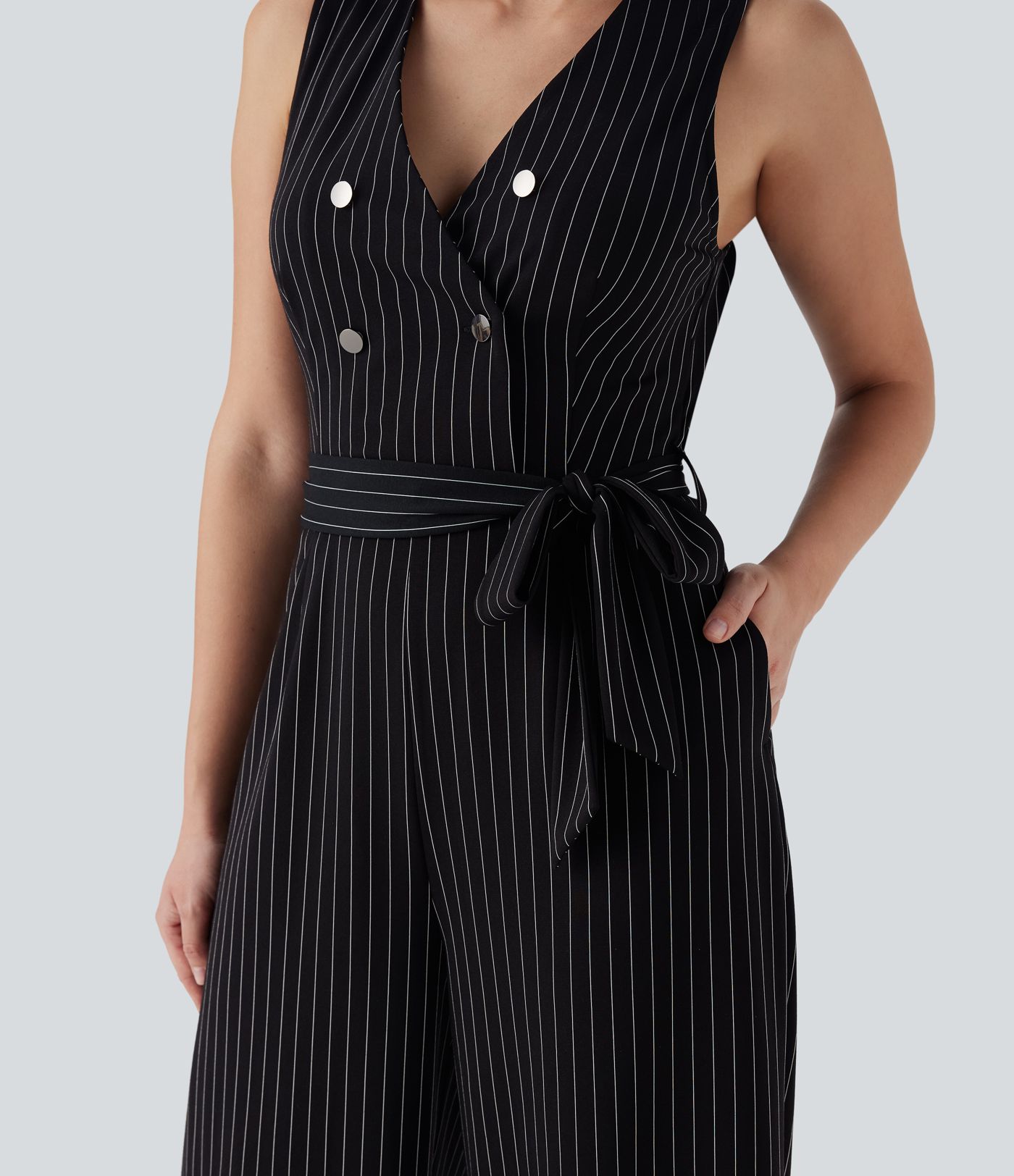 V Neck Sleeveless Belted Stripe Cool Touch Work Jumpsuit with Pockets-Easy Peezy
