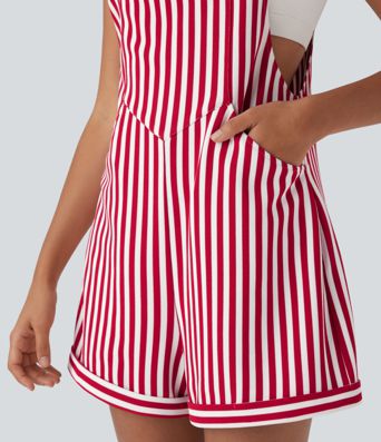 Pockets Stripe Waffle Short Overalls