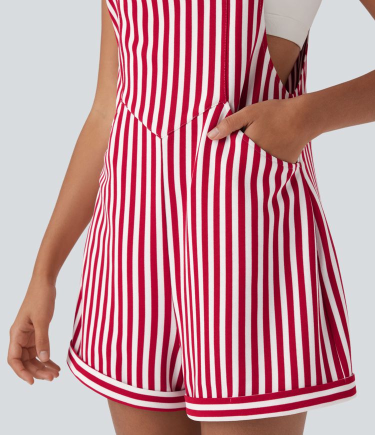 Pockets Stripe Waffle Short Overalls
