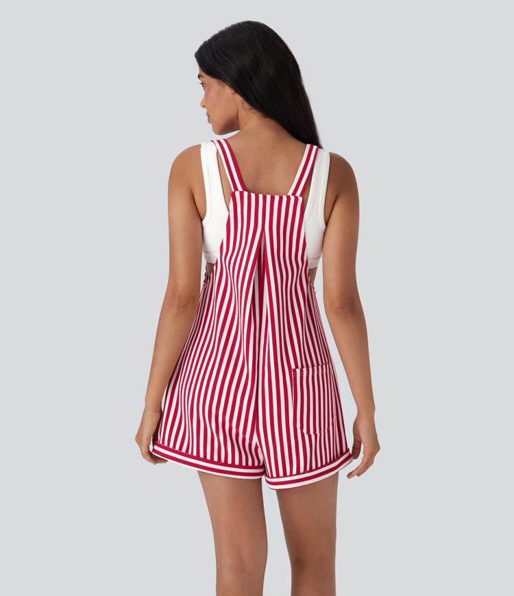 Pockets Stripe Waffle Short Overalls