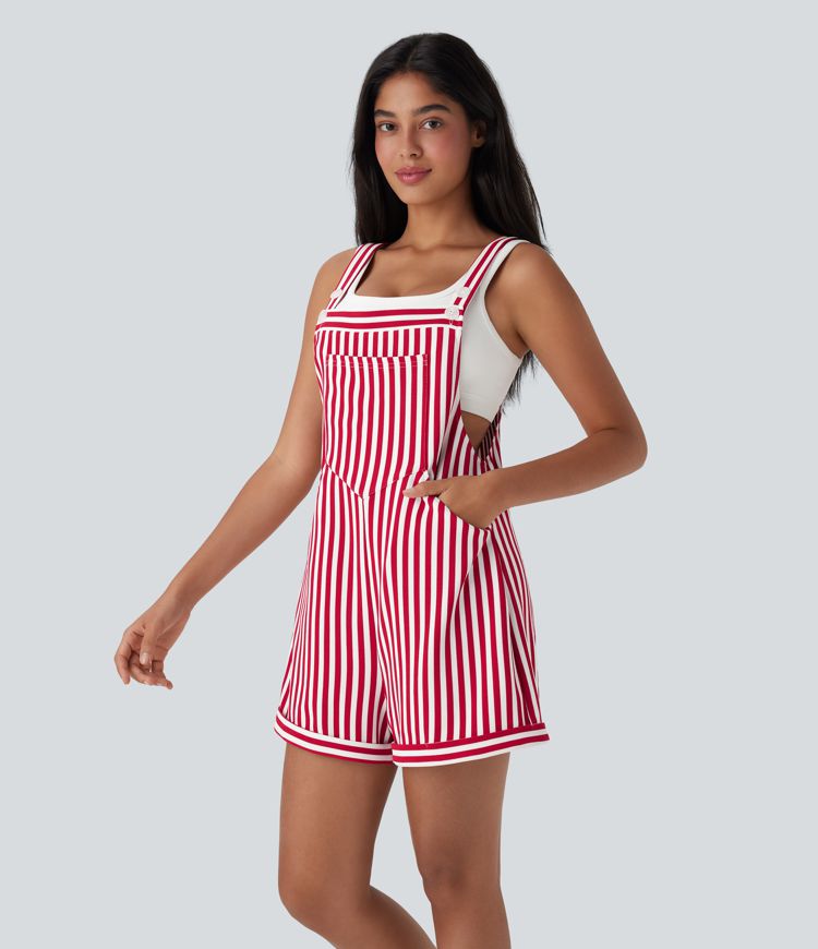 Pockets Stripe Waffle Short Overalls