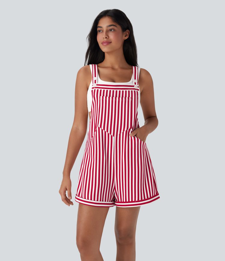 Pockets Stripe Waffle Short Overalls