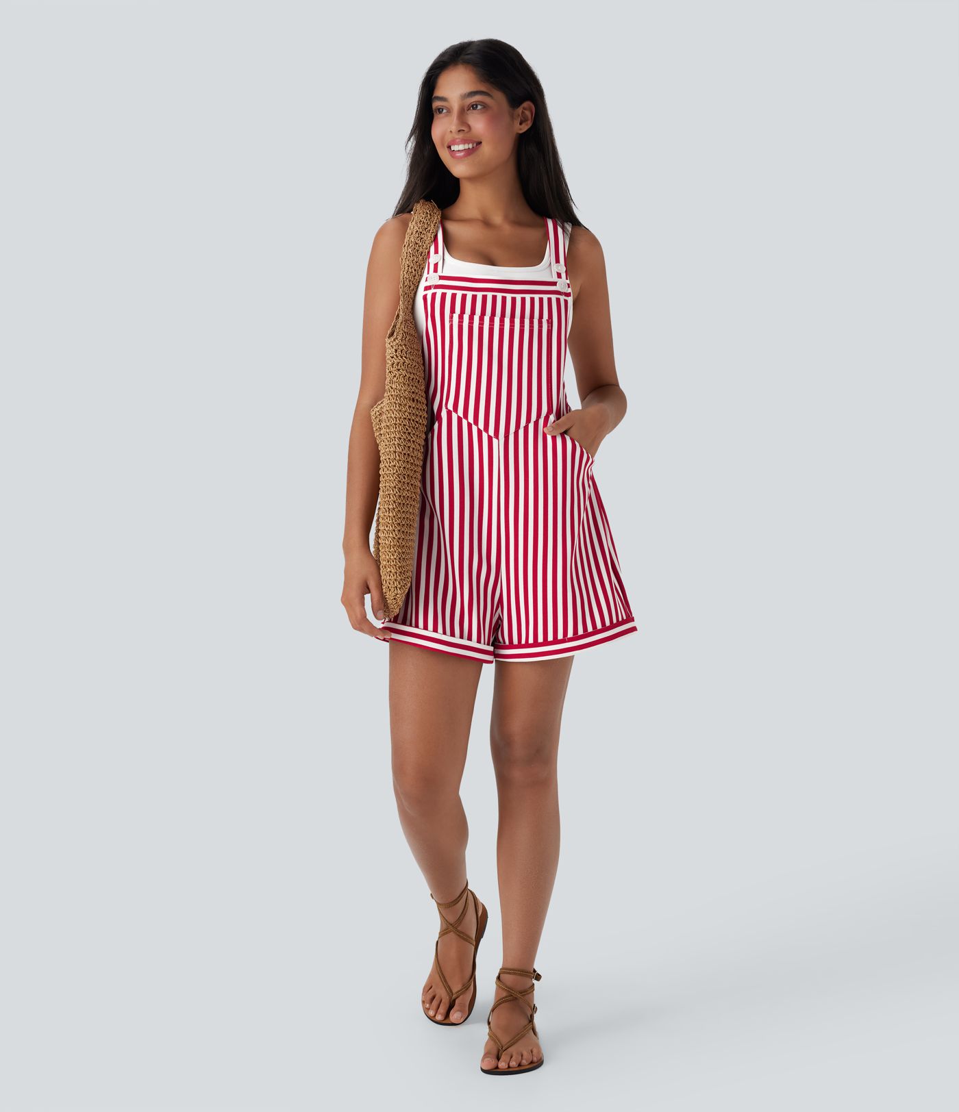 Pockets Stripe Waffle Short Overalls