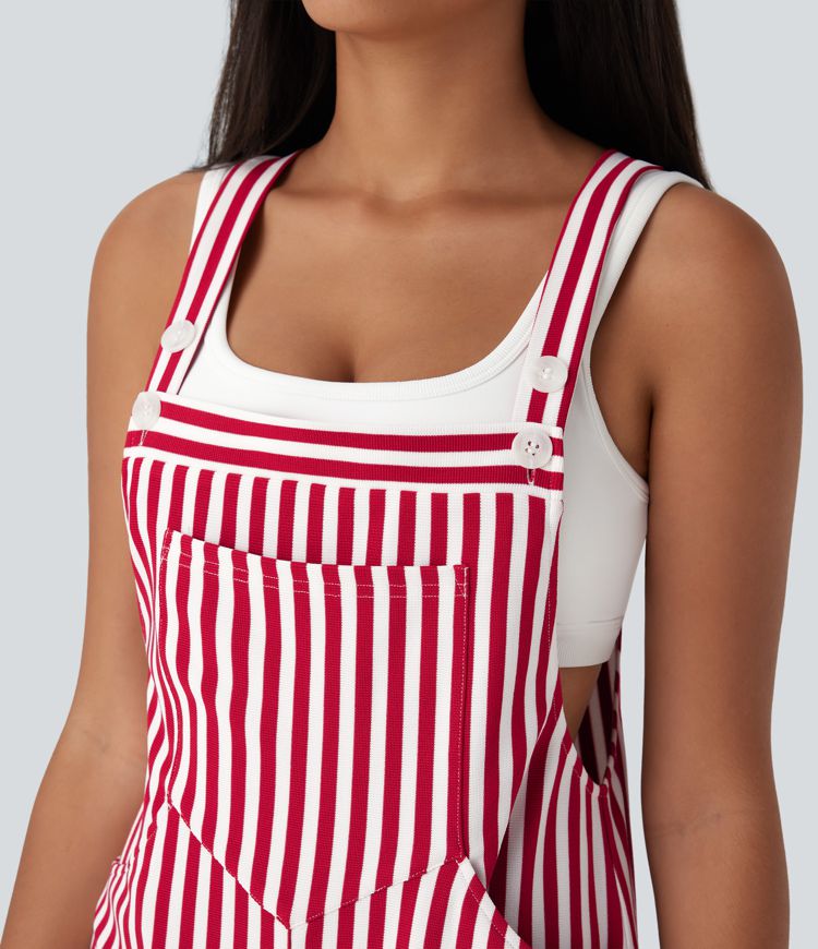 Pockets Stripe Waffle Short Overalls
