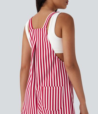 Pockets Stripe Waffle Short Overalls